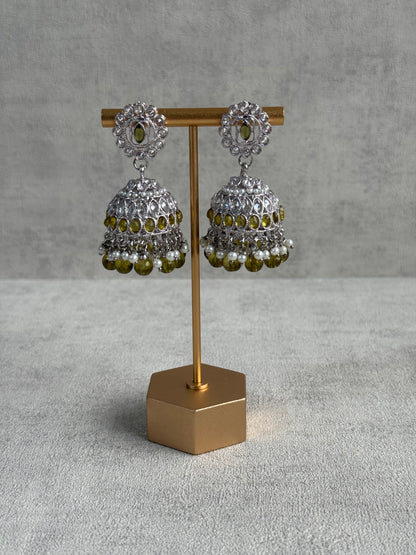 Ayura Designs Rayal Set – Silver Necklace, Jhumkis & Tikka with Olive Green Stones & Pearl Detailing
