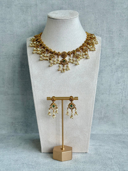 Ayura Designs Ilaa Set – Necklace & Earrings with Pink & Green Stone Accents, Pearl Drops & Antique Gold Finish