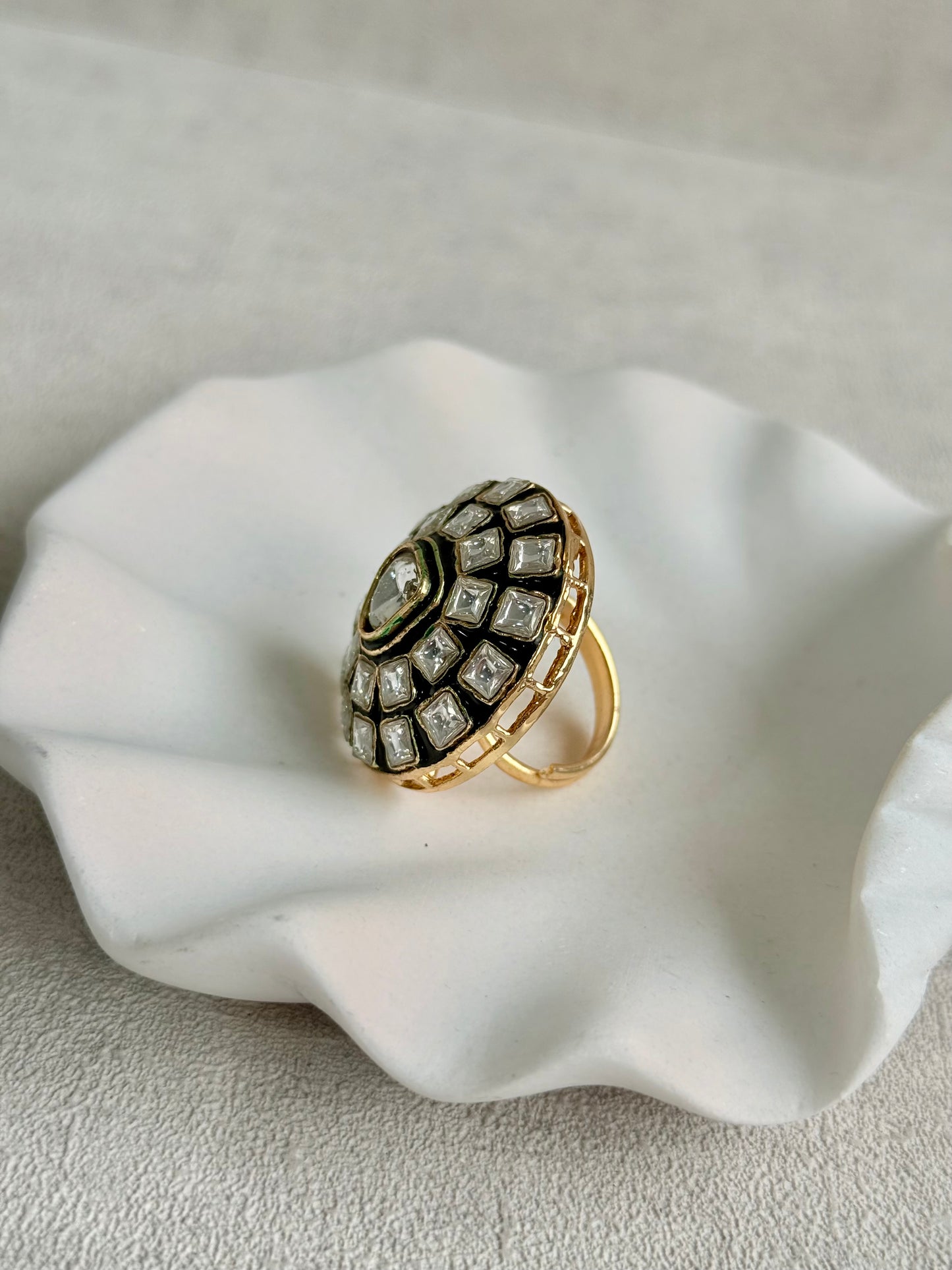 Ayura Designs Zaib Adjustable Ring – Mirror-Cut Stone with Green Enamel & Crystal Detailing