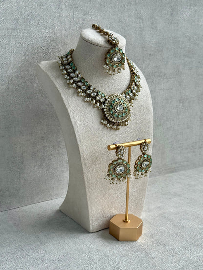 Ayura Designs Warda Set with Earrings & Tikka – Pistachio Green Ovals, Mirror-Cut Stones & Ivory Pearls