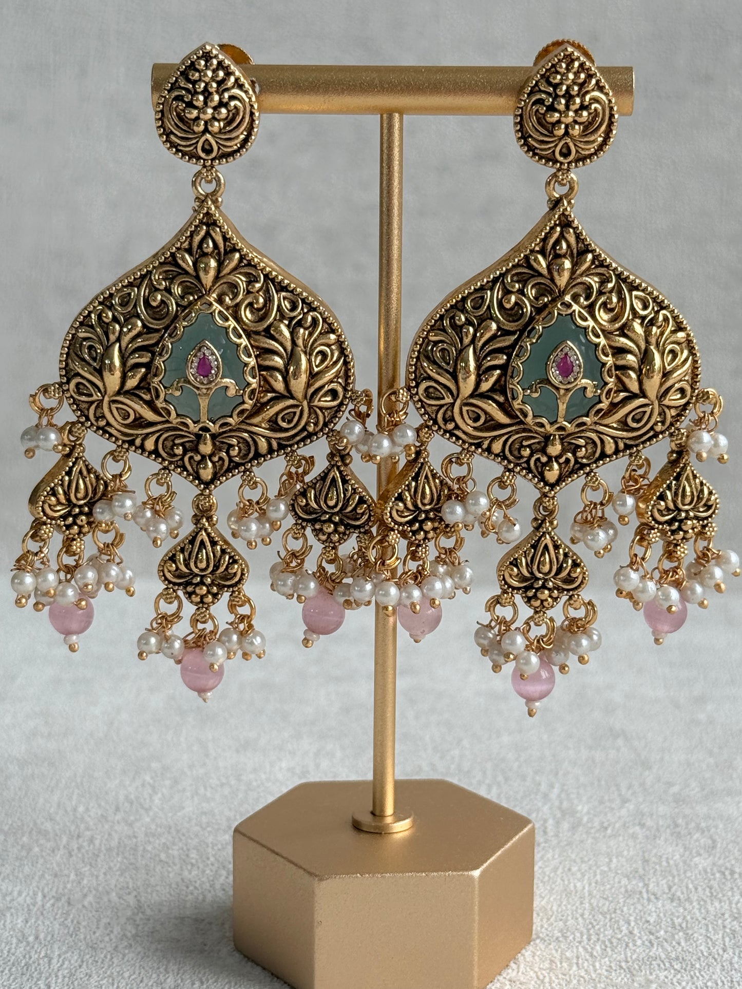Ayura Designs Afia Necklace Set with Earrings & Tikka – Antique Gold, Blush Pink Pearls, Green Centre Stone & Peacock Motifs