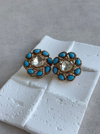 Ayura Designs Giana Stud Earrings – Turquoise Blue & Crystal Kundan with Gold Finish