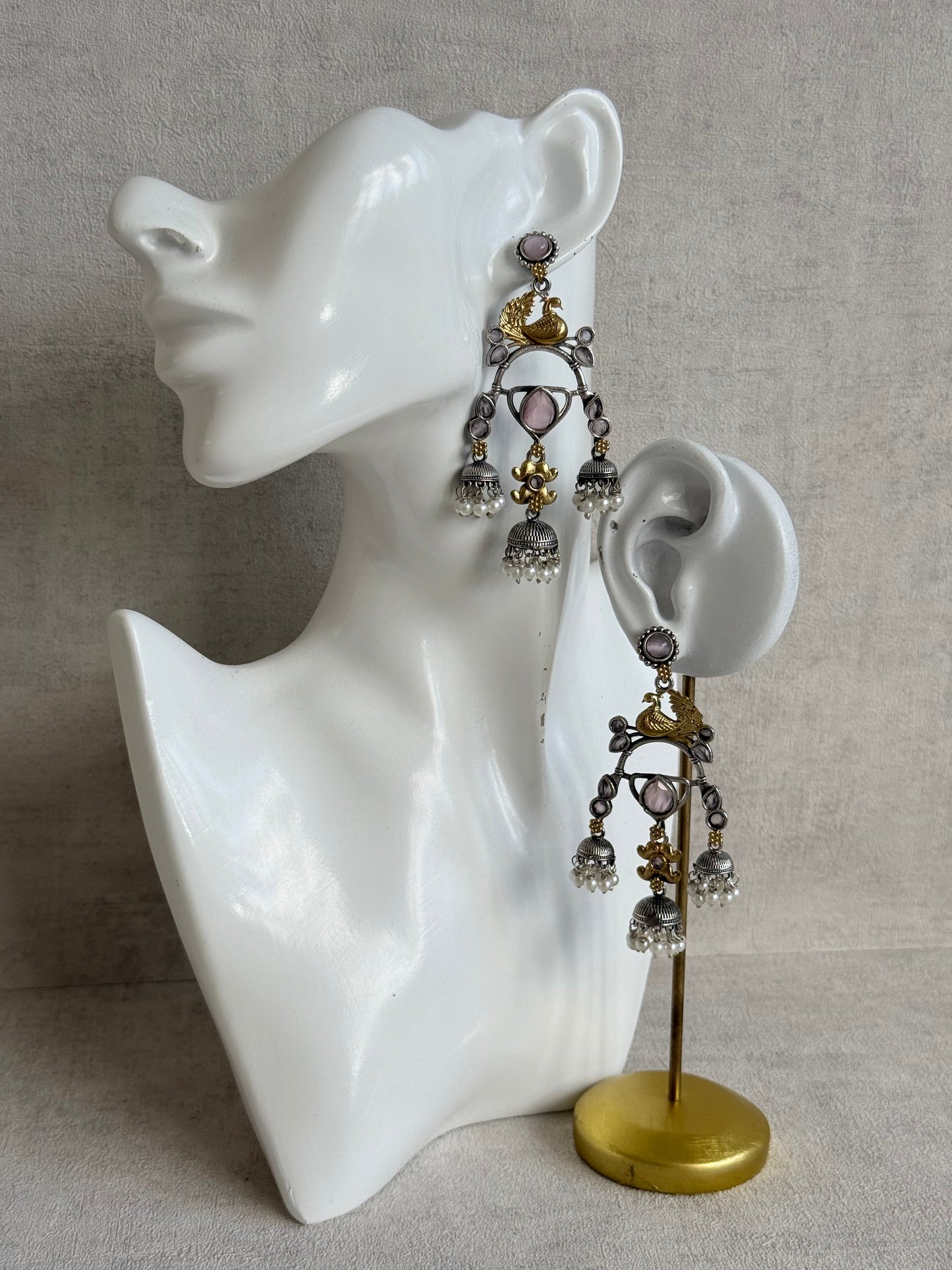 Ayura Designs Mehrza Earrings – Oxidised Peacock Motif Statement Earrings with Pearl Jhumkis & Blush Pink Stones