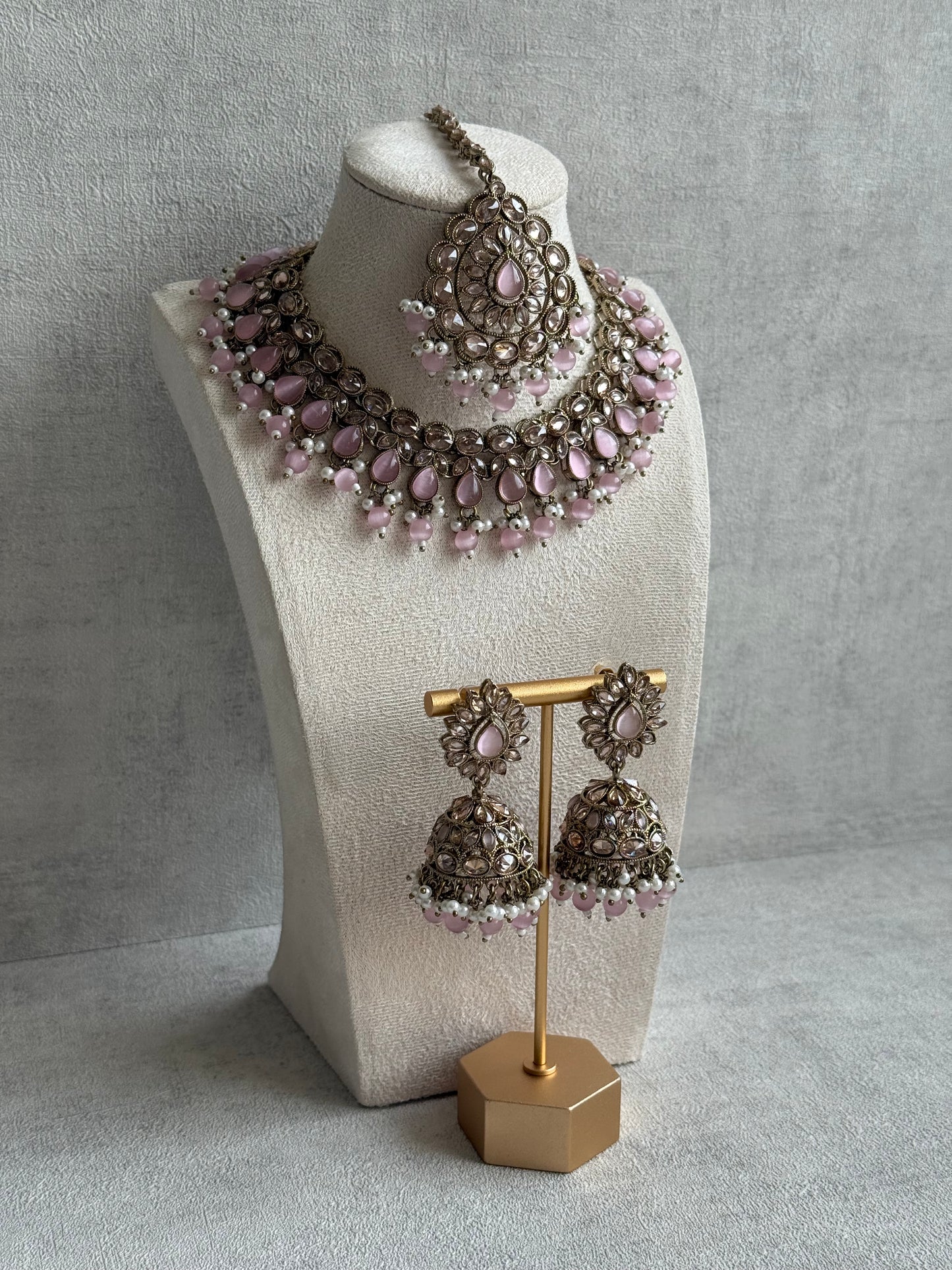 Ayura Designs Emaan Set – Necklace, Jhumkis & Tikka with Blush Pink Stones, Ivory Pearls & Champagne Gold Finish