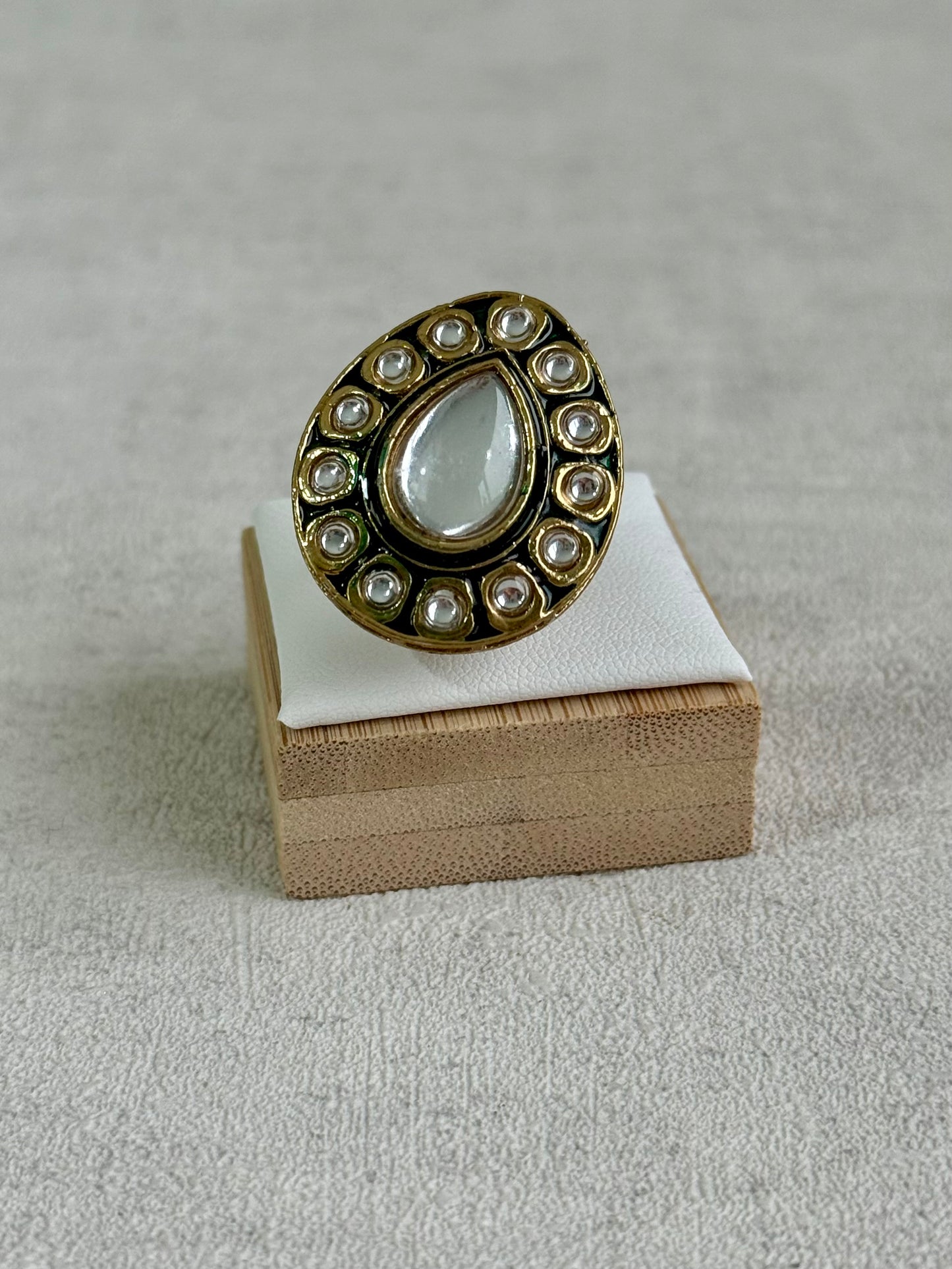 Ayura Designs Kalika Set with Necklace, Earrings, Tikka & Ring – Polki-Style Stones with Antique Green Enamel Detailing & Pearl Drops