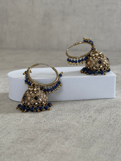 Ayura Designs Jugni Bali Jhumkas – Antique Gold with Royal Blue Beads