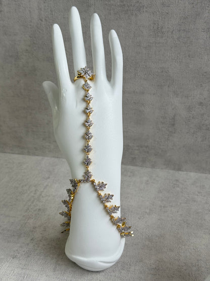 Ayura Designs Aagya Haathphool – Set of 2 Gold & Silver Ring-Bracelet Chains with Floral Diamond-Cut Detailing