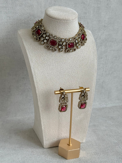 Ayura Designs Celine Necklace Set with Earrings – Moissanite Ruby Rose Statement Set