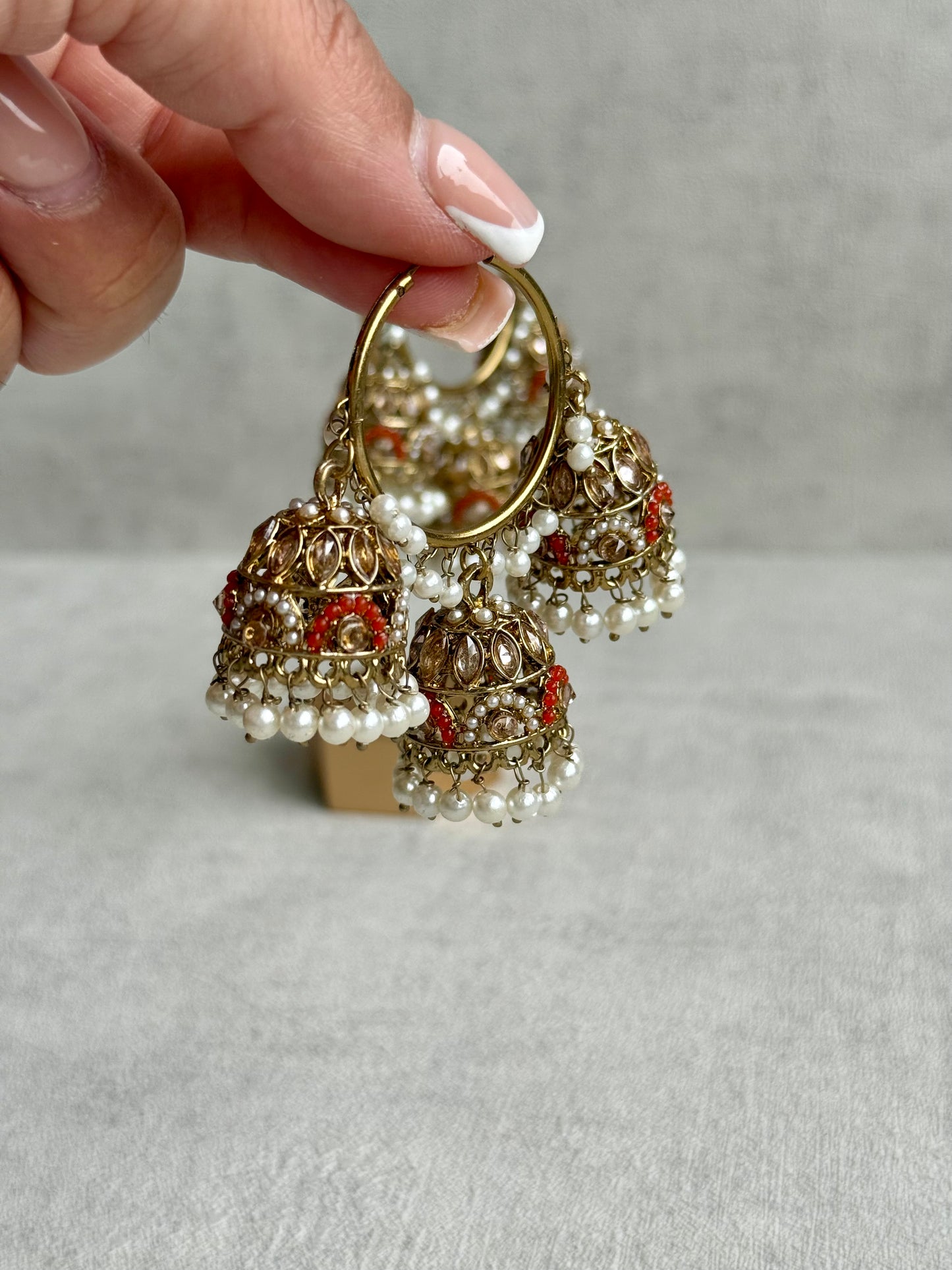 Ayura Designs Nakhra Balis – Orange Triple Dome Earrings with Mirror-Cut Stones & Pearl Detailing
