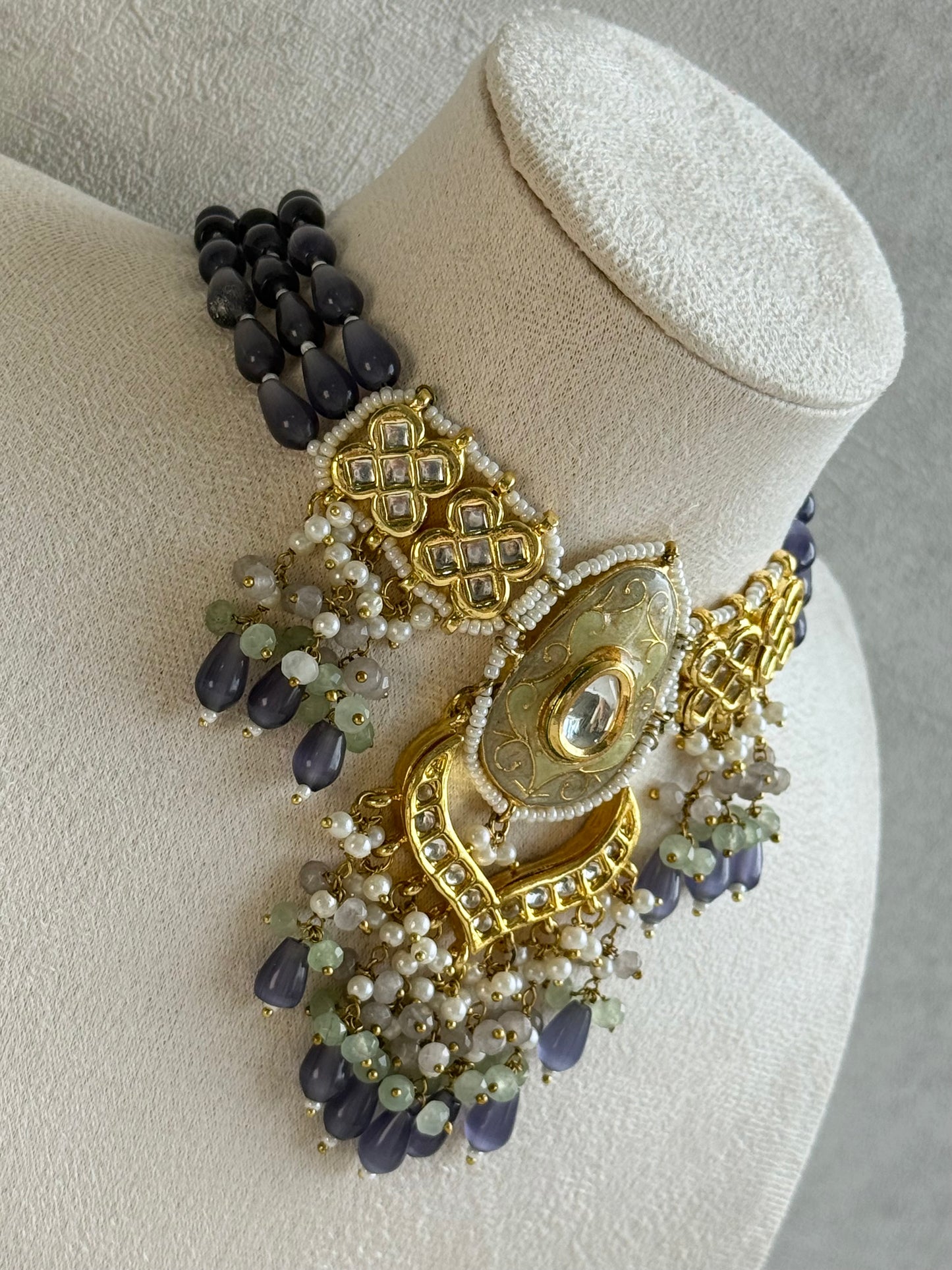 Ayura Designs Zarwali Meenakari Kundan Choker Set with Earrings – Dusty Lavender & Pearl Bead Detailing