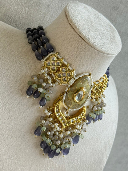 Ayura Designs Zarwali Meenakari Kundan Choker Set with Earrings – Dusty Lavender & Pearl Bead Detailing