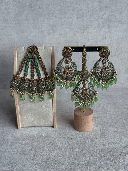 Ayura Designs Gaya Tikka Set with Earrings, Tikka & Sahara – Antique Gold with Pistachio Green Beads, Pearls & Mirror-Cut Stones