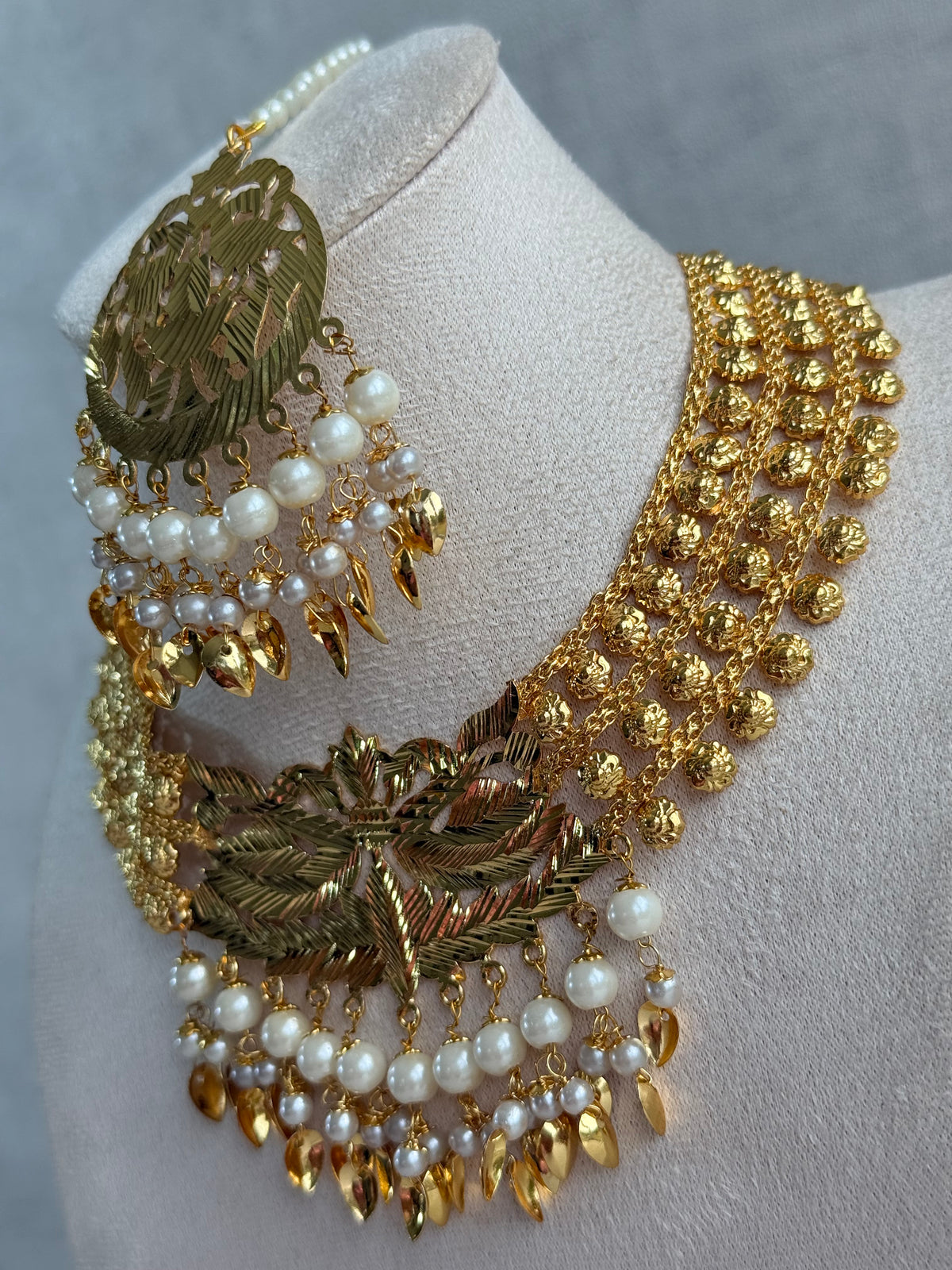 Ayura Designs Jasira Necklace Set with Earrings & Tikka – Pippal Patti Design with Swan & Peacock Motifs, Ivory Pearls & Gold Finish