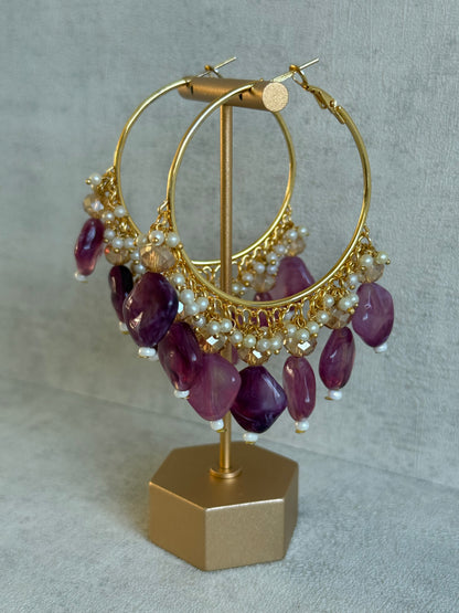 Ayura Designs Heer Balis – Gold Hoops with Amethyst Plum Marble Beads, Pearls & Crystal Detailing