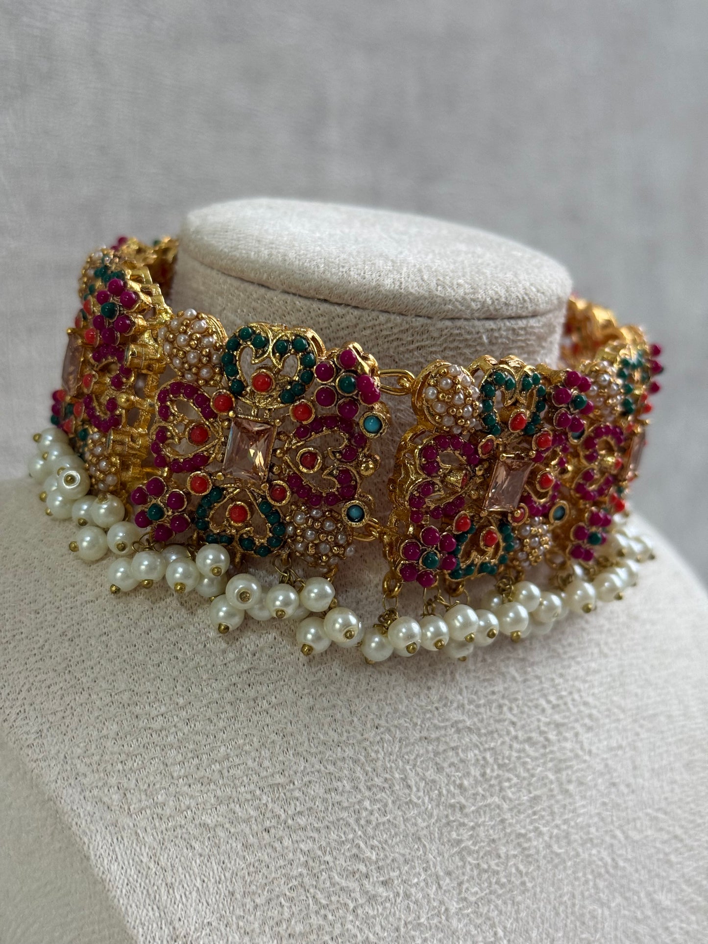 Ayura Designs Mahnoor Navratan Choker Set with Earrings & Tikka – Antique Gold Finish, Multicolour Enamel & Pearl Detailing
