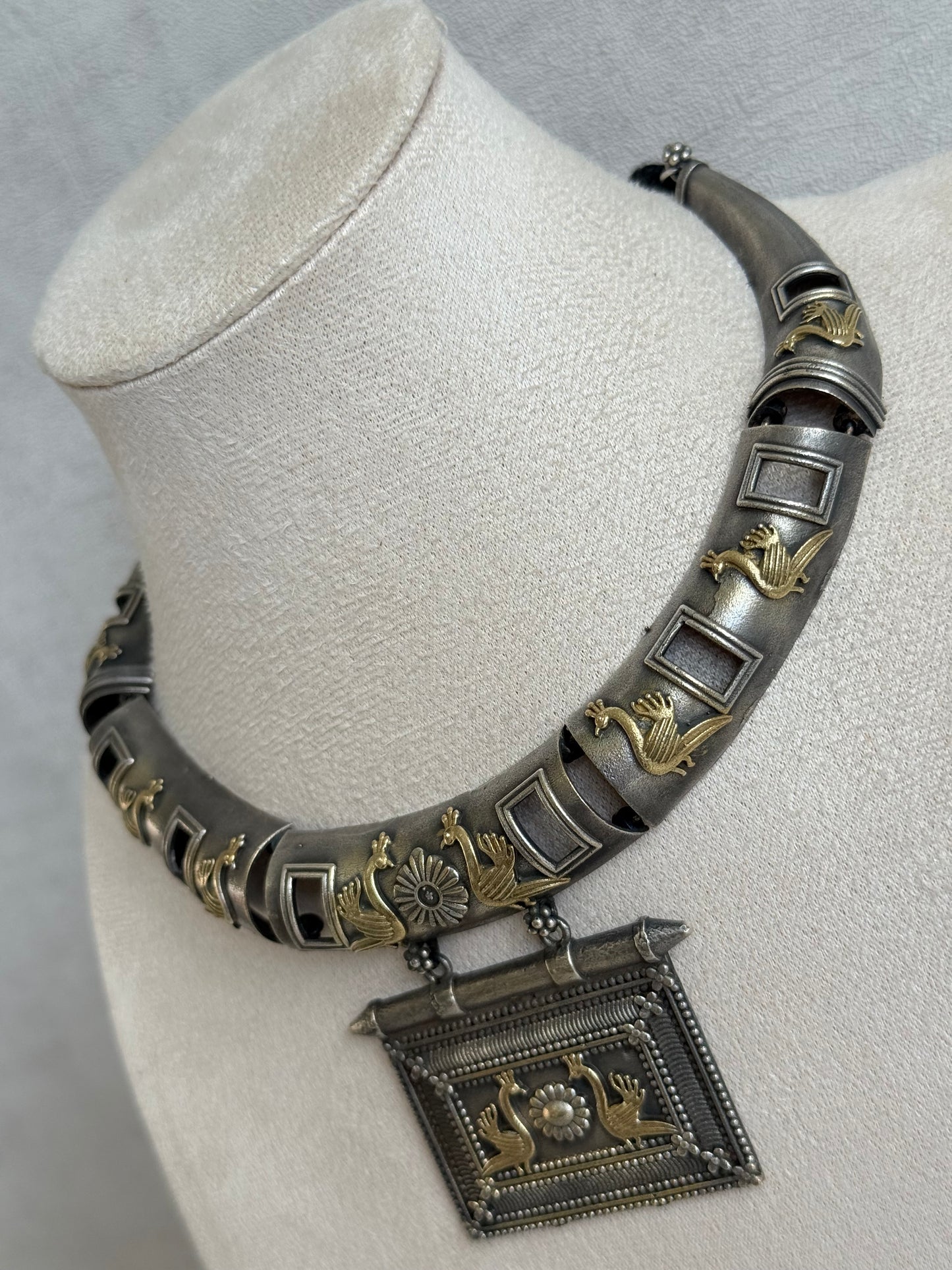 Ayura Designs Naina Necklace Set with Earrings – Dual Tone Oxidised Necklace with Bird Motifs, Black Stone Detailing & Statement Pendant
