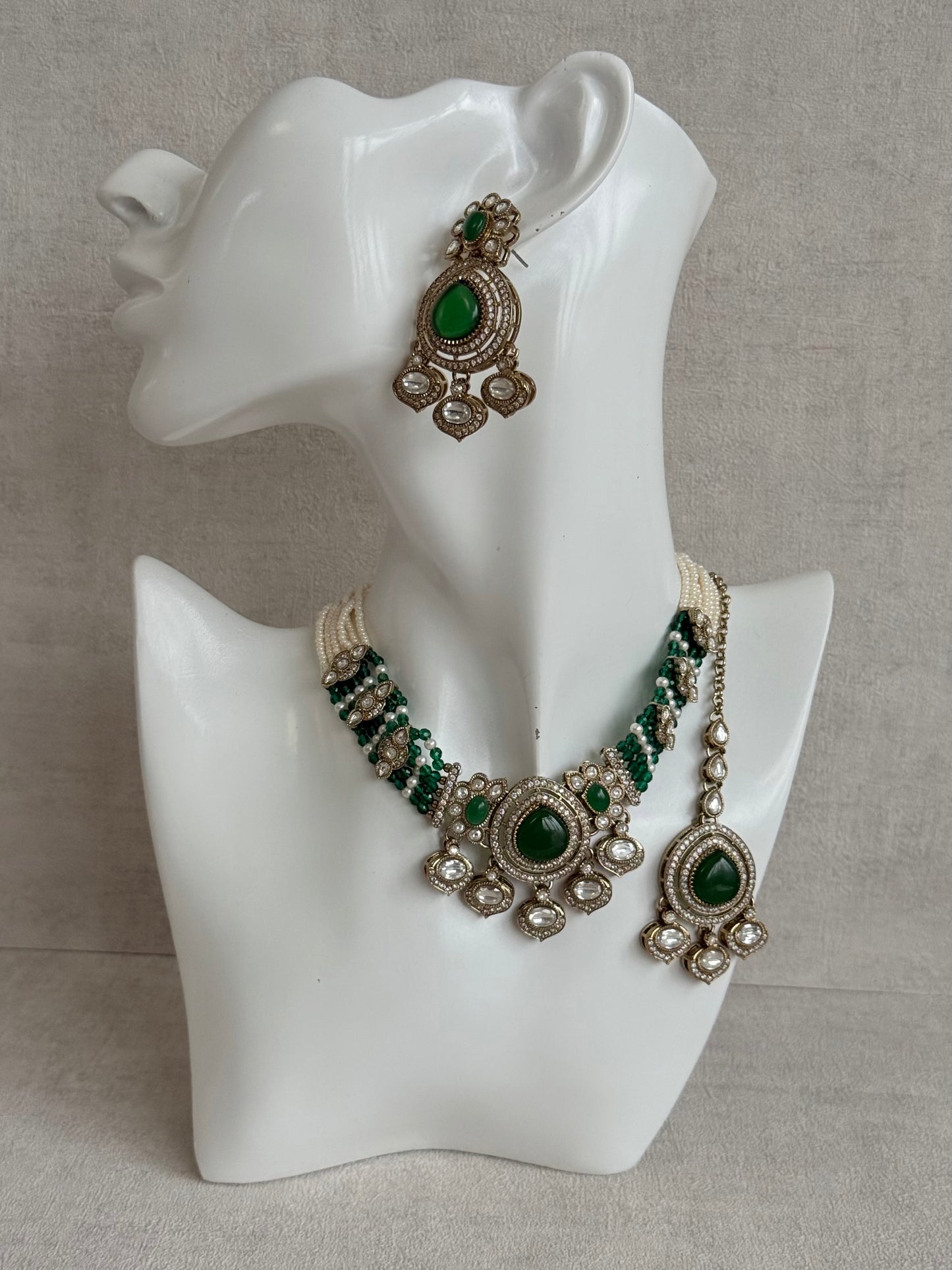Ayura Designs Rahi Necklace Set with Earrings & Tikka – Emerald Green Stones with Mirror-Cut Detailing & Pearl Strands