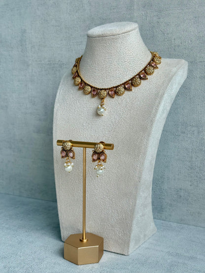 Ayura Designs Mayura Necklace Set with Earrings – Antique Gold Meenakari Motifs with Pearl Drop & Blush Pink Stones