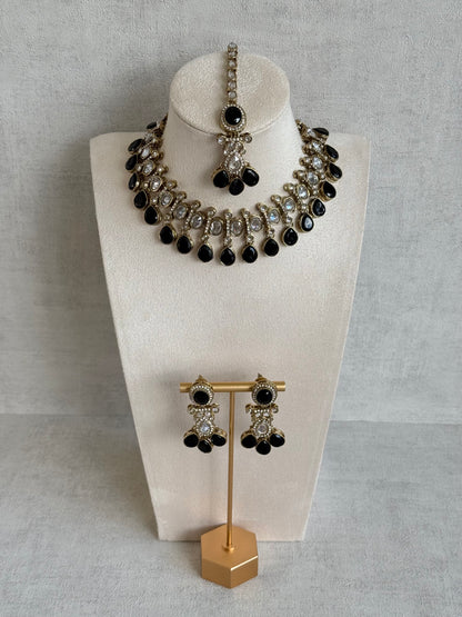 Ayura Designs Ava Necklace Set with Earrings & Tikka – Black Stone & Mirror-Cut Necklace Set in Antique Gold Finish