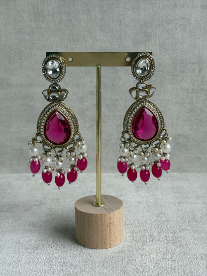 Ayura Designs Nageen Earrings – Antique Gold Jhumkis with Hot Pink Stones, Mirror-Cut Accents & Pearl Drops