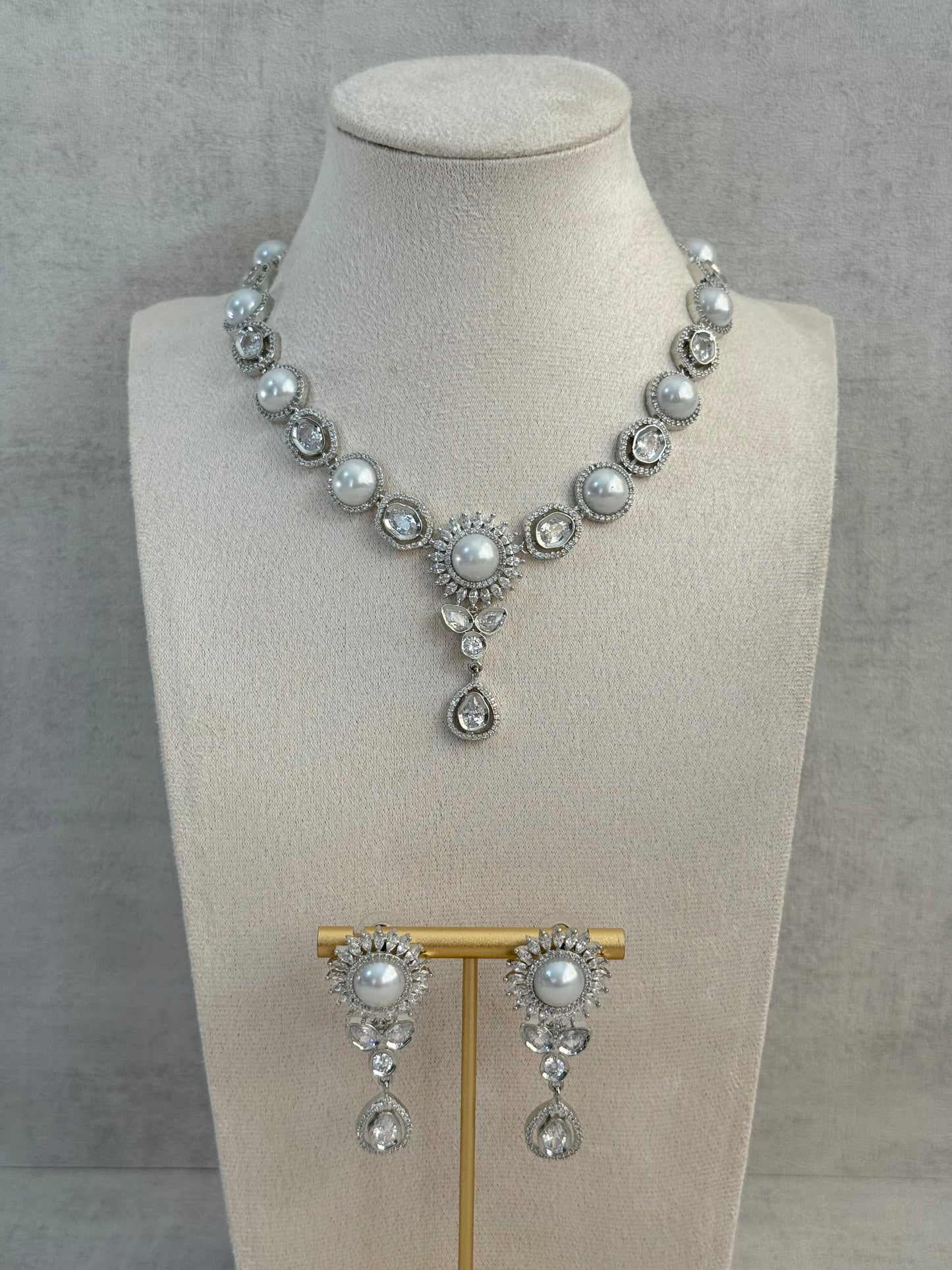Ayura Designs Tilly Set with Necklace & Earrings – Pearl Centre with Crystal Halo Detailing in Silver Finish