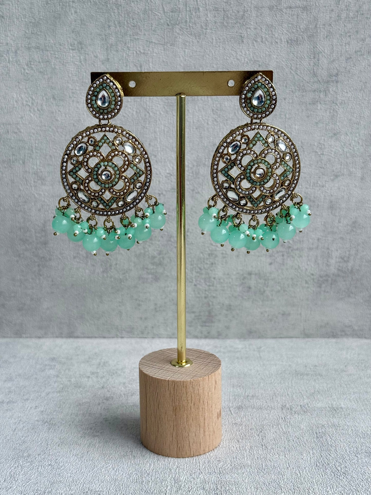 Ayura is Designs Tanya Bridal Set with Necklace, Earrings & Tikka – Pistachio Mint Beads, Mirror-Cut Stones and Antique Gold Finish