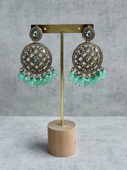 Ayura is Designs Tanya Bridal Set with Necklace, Earrings & Tikka – Pistachio Mint Beads, Mirror-Cut Stones and Antique Gold Finish
