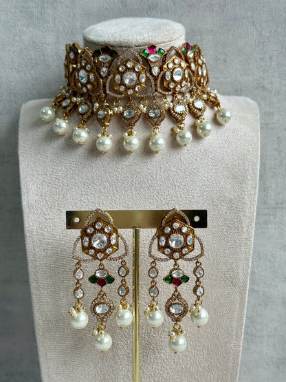 Ayura Designs Serina Choker Set with Earrings – Green & Pink Enamel, Mirror-Cut Stones & Pearl Drops