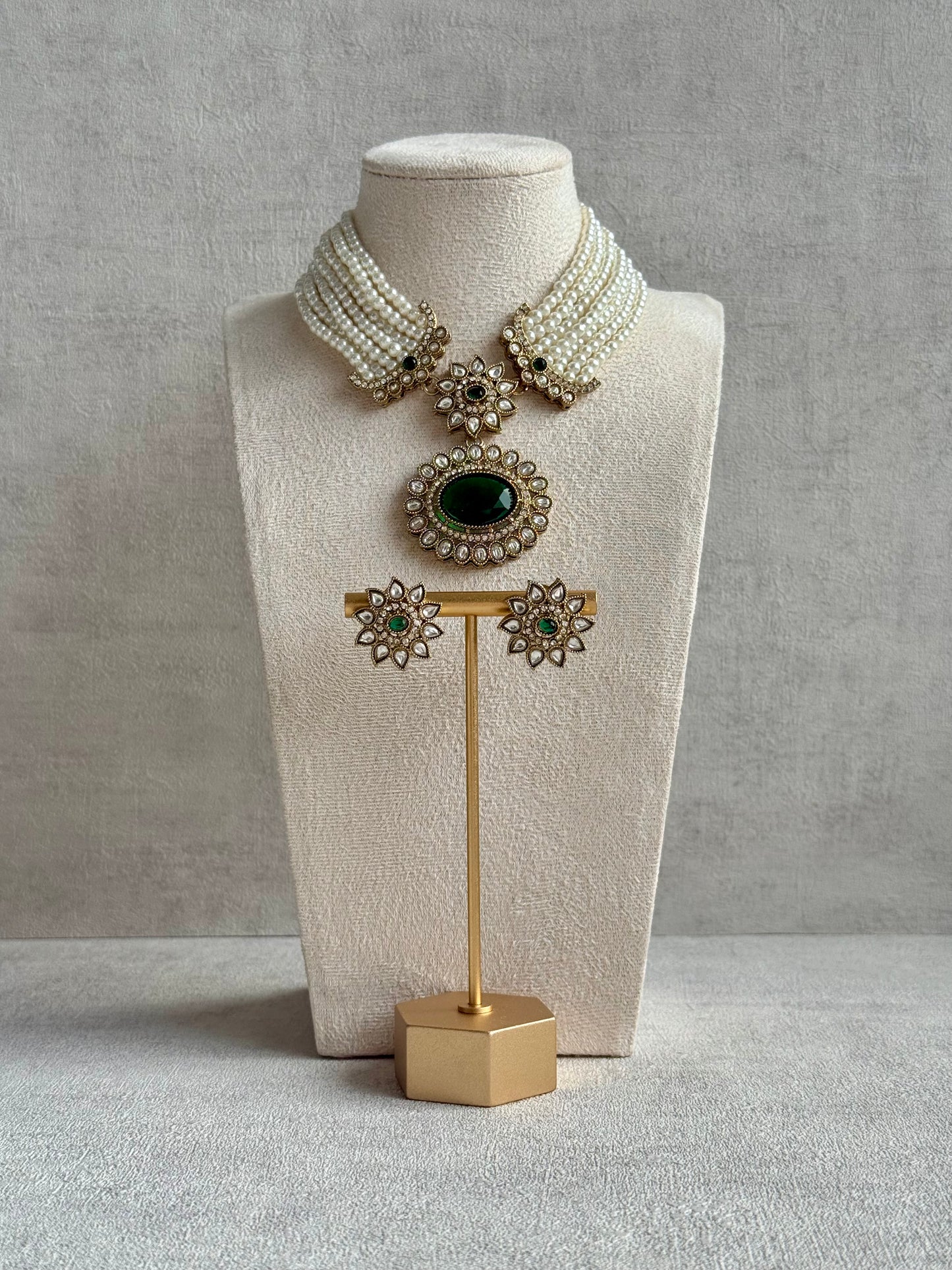 Ayura Designs Amaya Necklace Set with Studs – Antique Finish in Emerald Green Stones with Pearl Strands