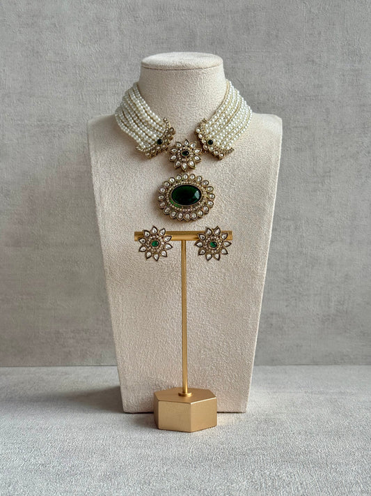 Ayura Designs Amaya Necklace Set with Studs – Antique Finish in Emerald Green Stones with Pearl Strands