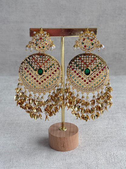 Ayura Designs Seerat Earrings – Emerald Green & Multicolour Gold Pippal Patti Design with Pearls