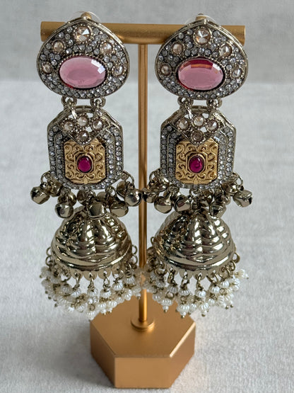 Ayura Designs Maara Jhumkis – Champagne Gold with Rose Pink & Rani Pink Stones, Crystals, Ghungroos & Pearl Detailing