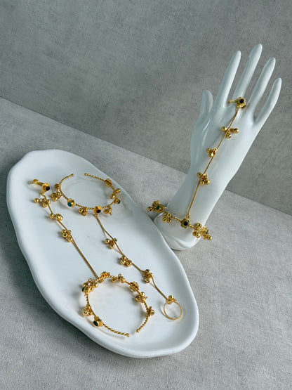 Ayura Designs Kajri Haathphool Set of 2 – Gold Tone Floral Hand Harness with Multicolour Stones & Ghungroo Detailing