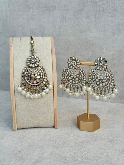 Ayura Designs Sheesha Tikka Set with Earrings – Antique Gold Mirror Detailing with Pearl Drops