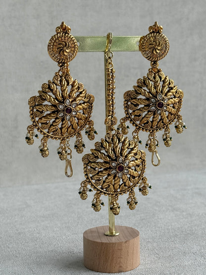 Ayura Designs Survi Tikka Set with Sahare Earrings – Antique Gold with Kundan, Pink Stones, Ivory & Green Beads