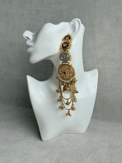 Ayura Designs Zeenia – Statement Kashmiri Earrings with Pearl Borders, Jhumki Drops, Multicolour Meenakari & Ghungroos