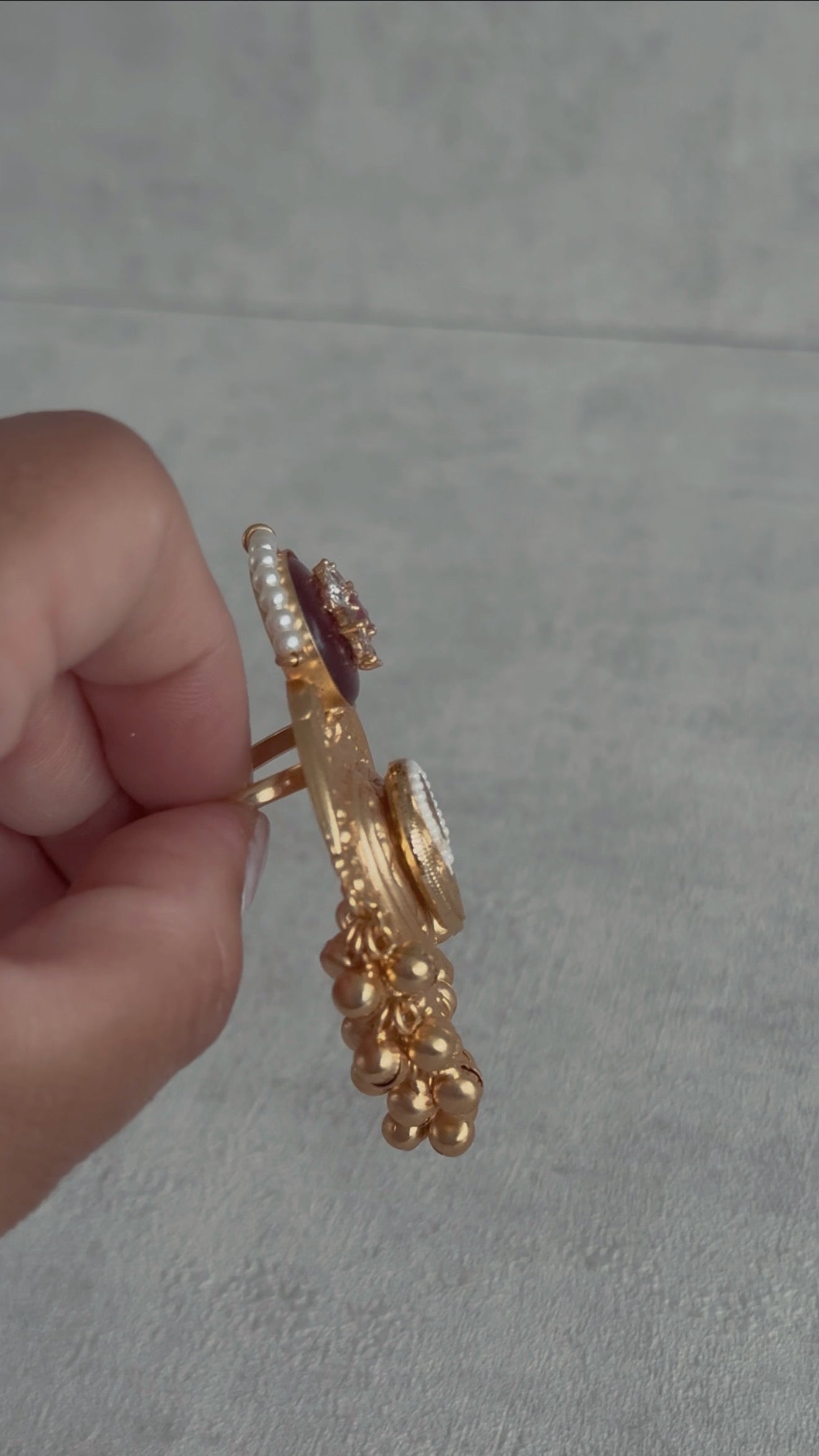 Ayura Designs Sorcha Adjustable Ring – Rose Pink Enamel, Pearl Detailing, Antique Gold & Mirror-Cut Stones