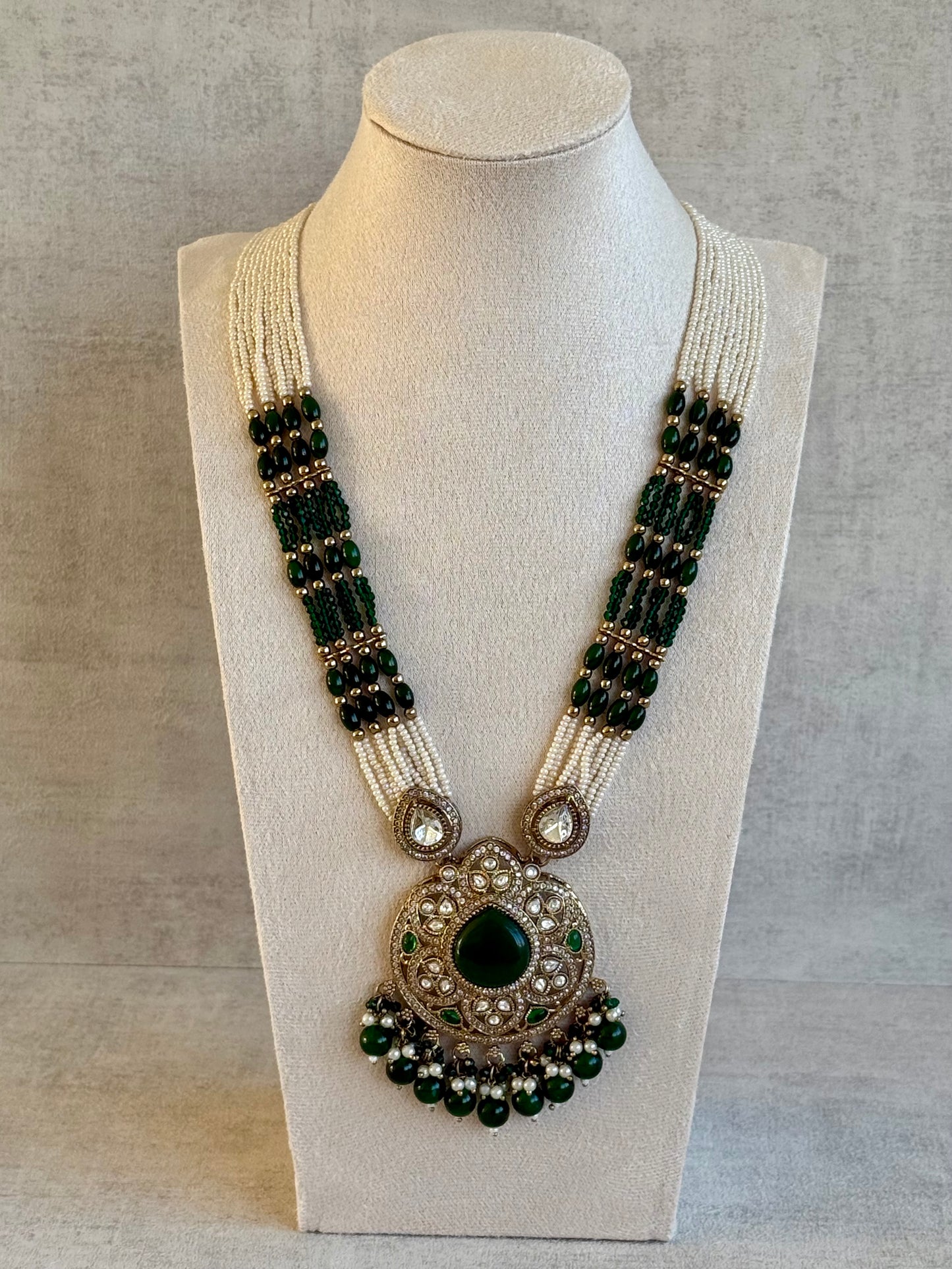 Ayura Designs Brielle Set – Necklace & Jhumkis with Mirror-Cut Stones, Emerald Green & Ivory Beads