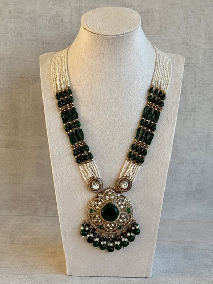 Ayura Designs Brielle Set – Necklace & Jhumkis with Mirror-Cut Stones, Emerald Green & Ivory Beads