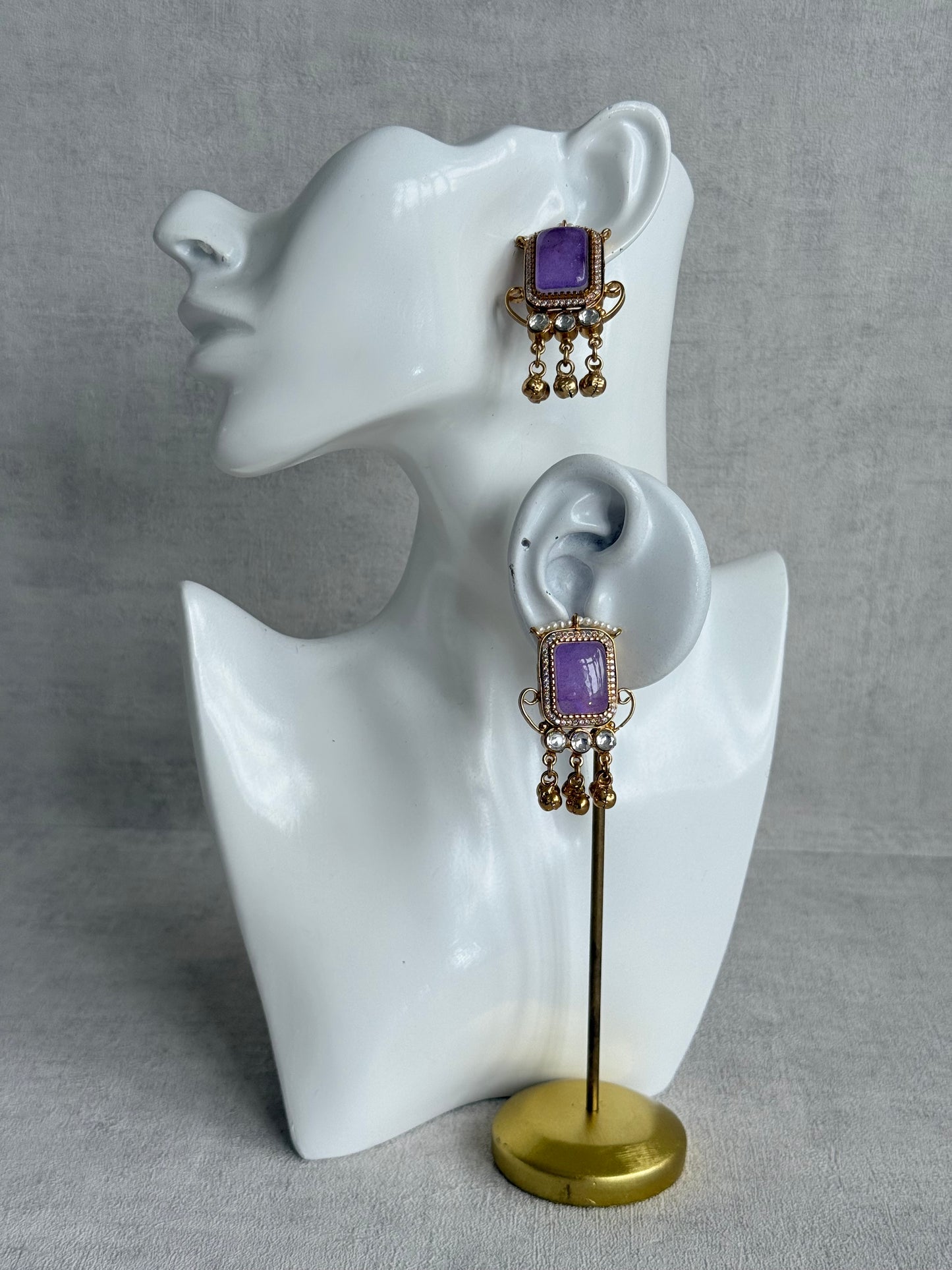 Ayura Designs Aleena Earrings – Lilac Stone Stud Earrings with Pearls & Ghungroo Detailing
