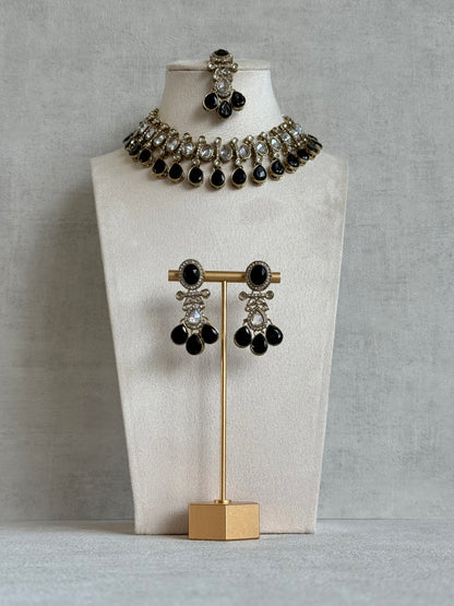 Ayura Designs Ava Necklace Set with Earrings & Tikka – Black Stone & Mirror-Cut Necklace Set in Antique Gold Finish