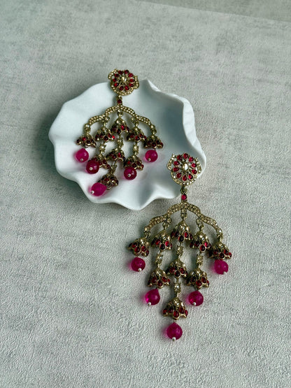 Ayura Designs Jasmine Earrings – Chandelier Earrings with Fuchsia Beads & Antique Gold Detailing