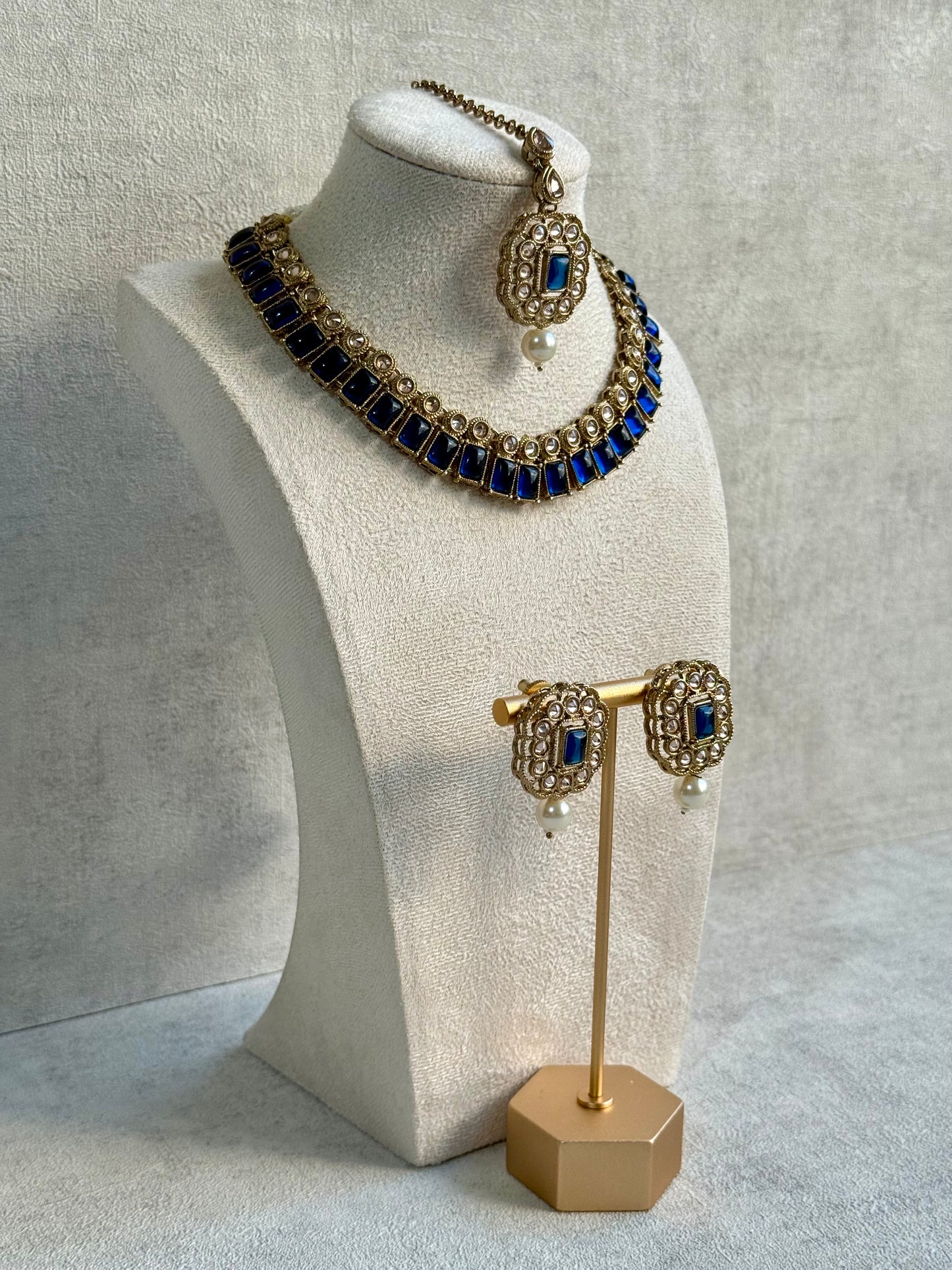Ayura Designs Dania Set with Necklace, Stud Earrings & Tikka – Midnight Blue Stones, Pearl Drops & Antique Gold Finish