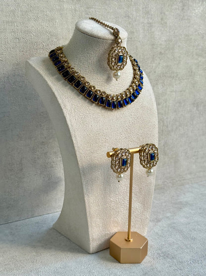 Ayura Designs Dania Set with Necklace, Stud Earrings & Tikka – Midnight Blue Stones, Pearl Drops & Antique Gold Finish