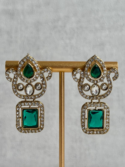 Ayura Designs Aria Set with Earrings – Antique Gold-Finished Ensemble with Emerald Green Stones & Polki Kundan