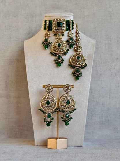 Ayura Designs Zarmeen Choker Set with Earrings & Tikka – Mirror-Cut Stones, Antique Gold Finish and Emerald Green Beads