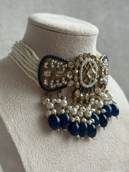 Ayura Designs Qudsia Set with Necklace, Earrings & Tikka – Navy Blue Stones, Kundan Detailing & Antique Gold Finish