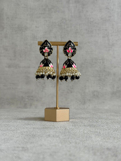 Ayura Designs Gia Jhumkis – Midnight Black Meenakari with Pink Lotus Motifs & Ivory Pearl Drops