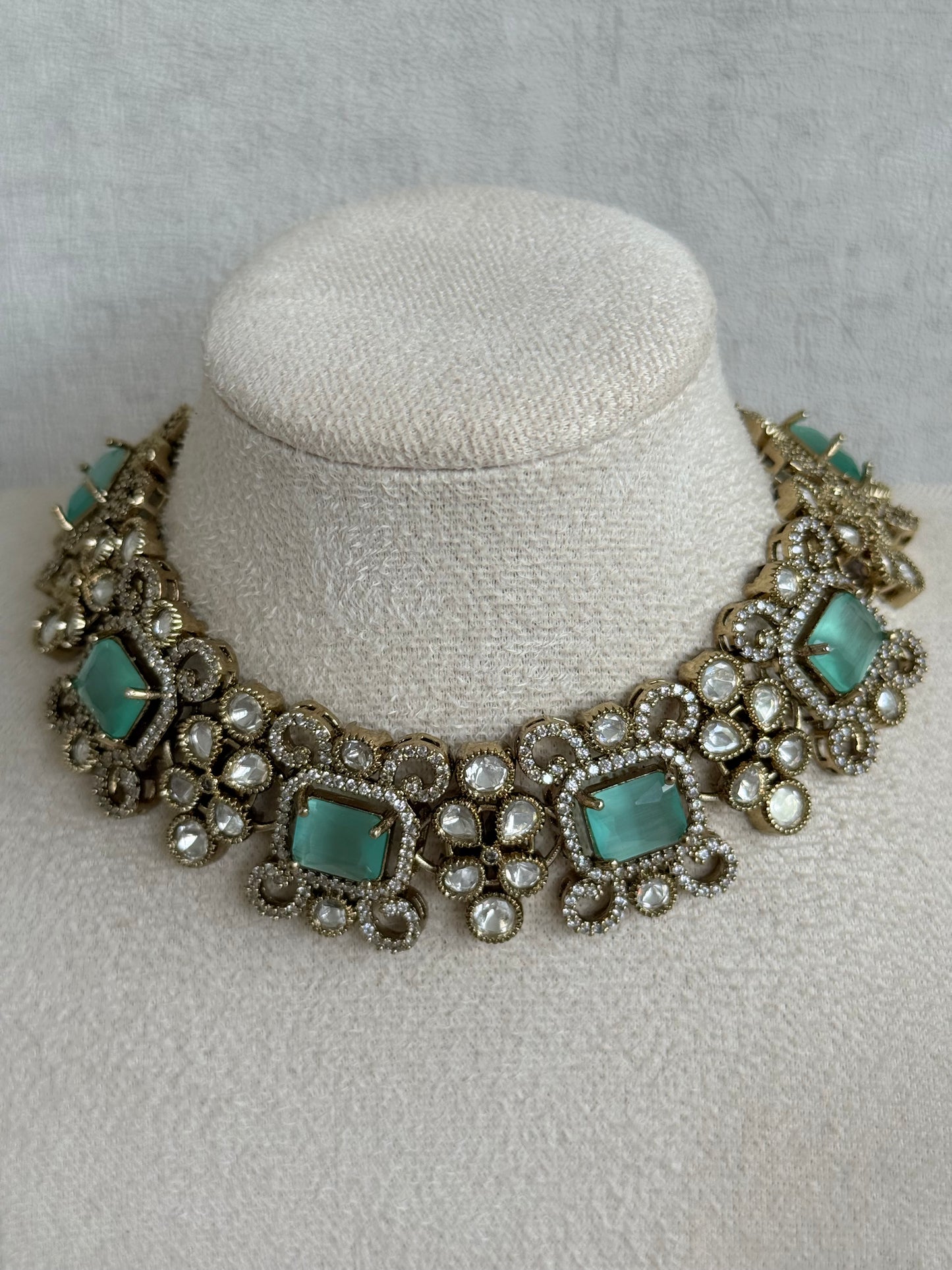 Ayura Designs Celine Necklace Set with Earrings – Moissanite Mint Green Statement Set