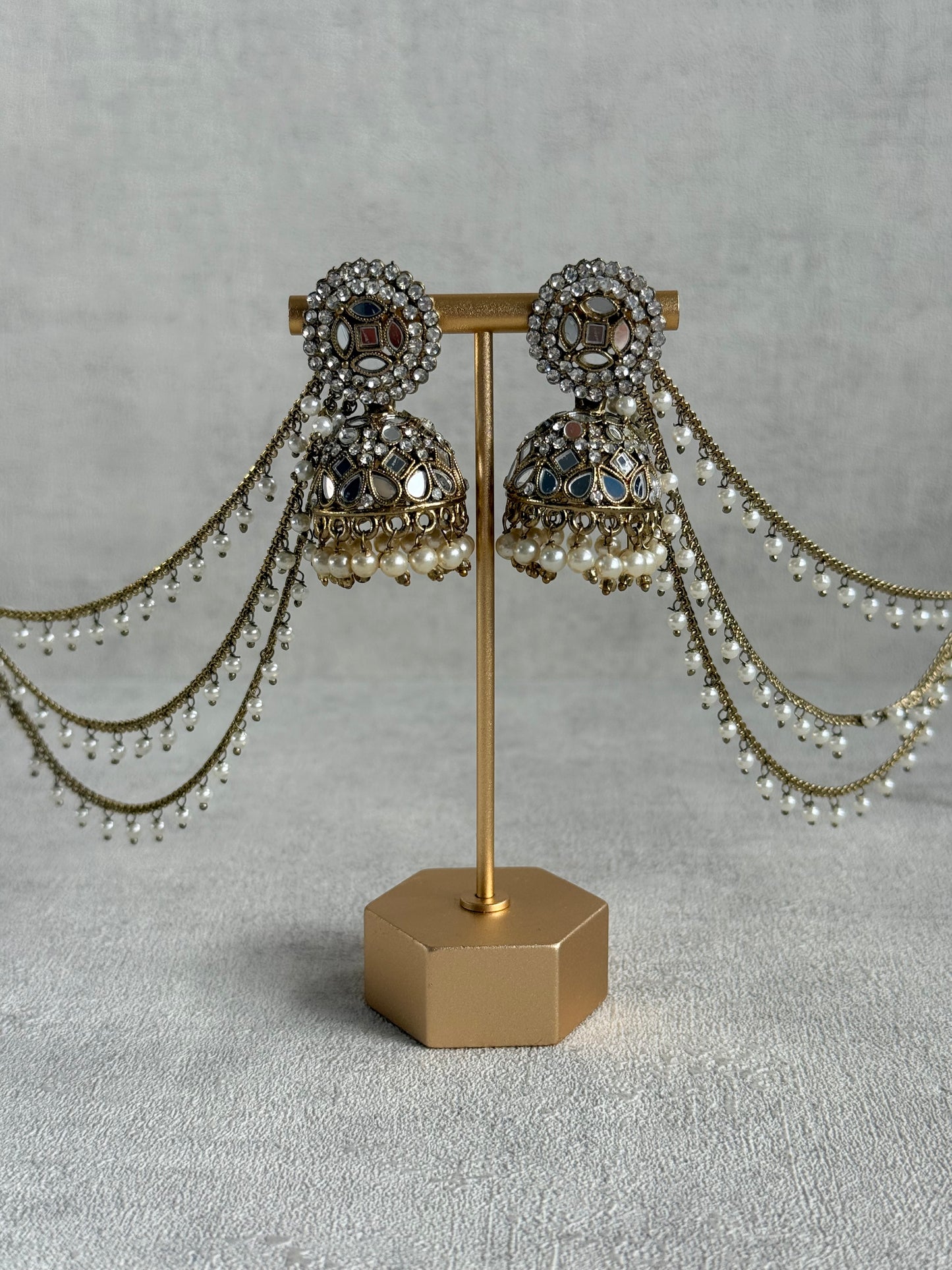 Ayura Designs Aaina Jhumkis – Antique Gold Mirror & Crystal Earrings with Detachable Triple-Layer Pearl Sahare